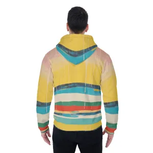 All-Over Print Men's Sherpa Fleece Zip Up Hoodie, striped with yellow, blues, red print, #25S