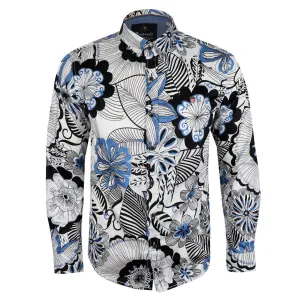 Bajieli White And Blue Floral Prints Long Sleeve Shirt