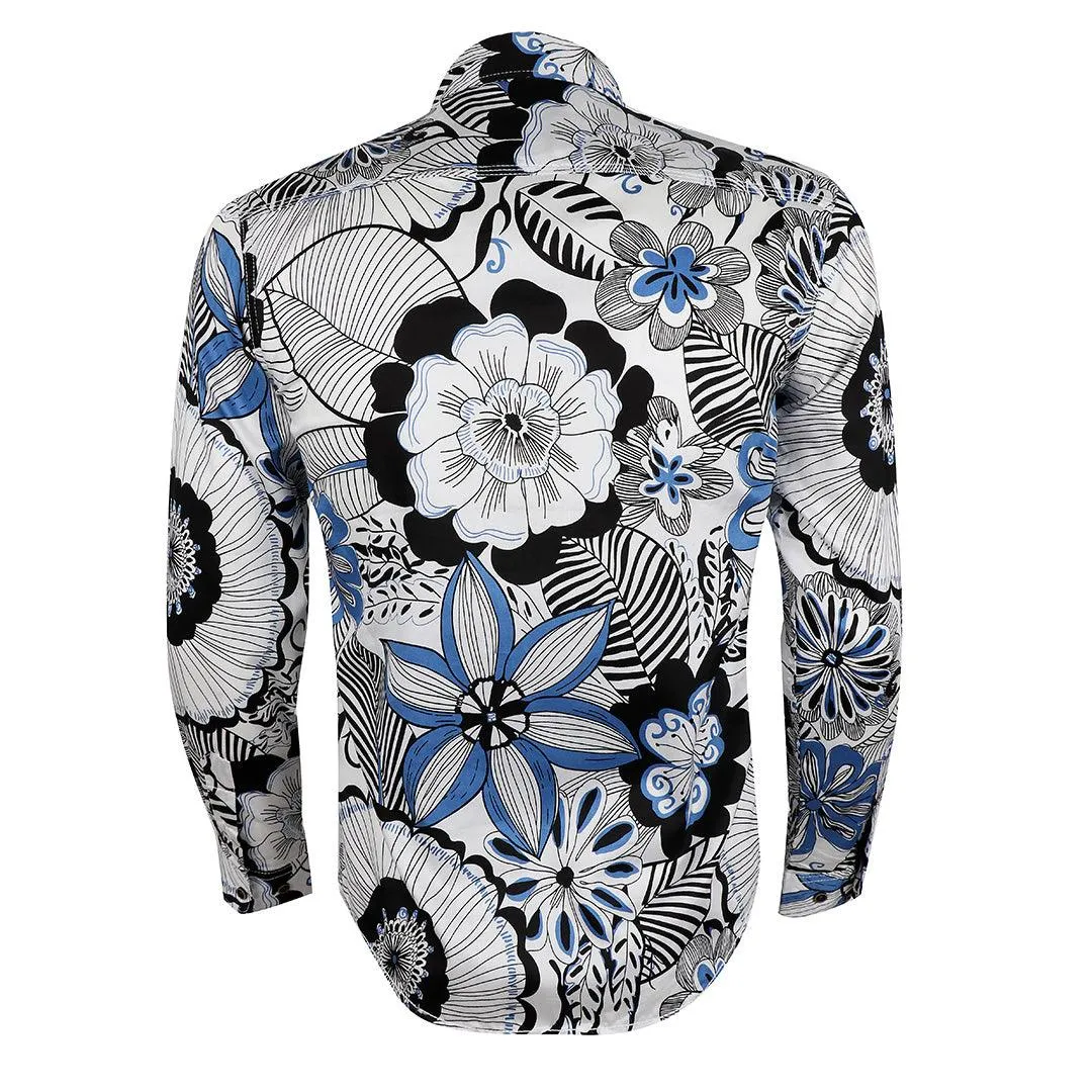 Bajieli White And Blue Floral Prints Long Sleeve Shirt