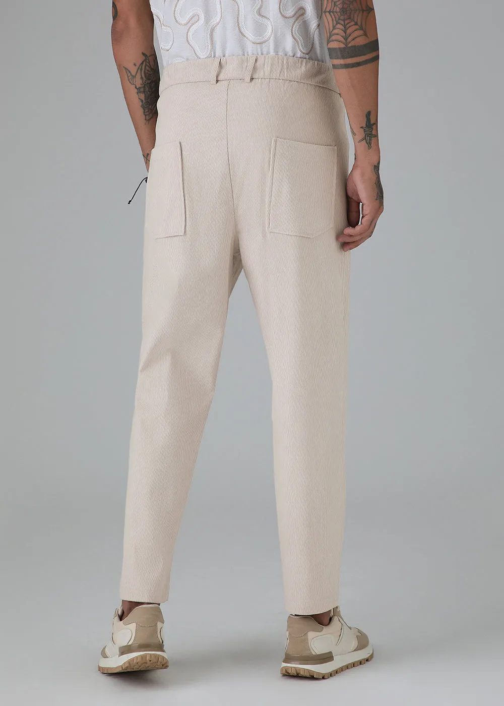 Beige Textured Corduroy Drawstring Pant