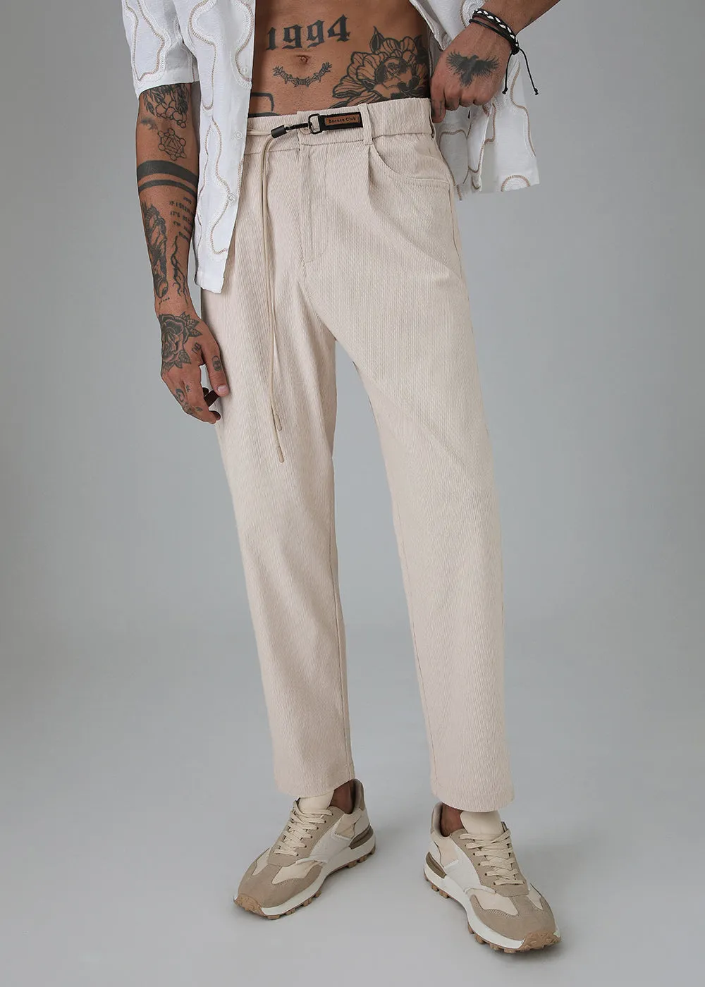 Beige Textured Corduroy Drawstring Pant