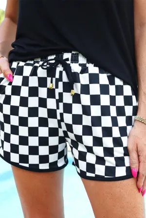 Black Checkered Drawstring Elastic Waist Casual Shorts