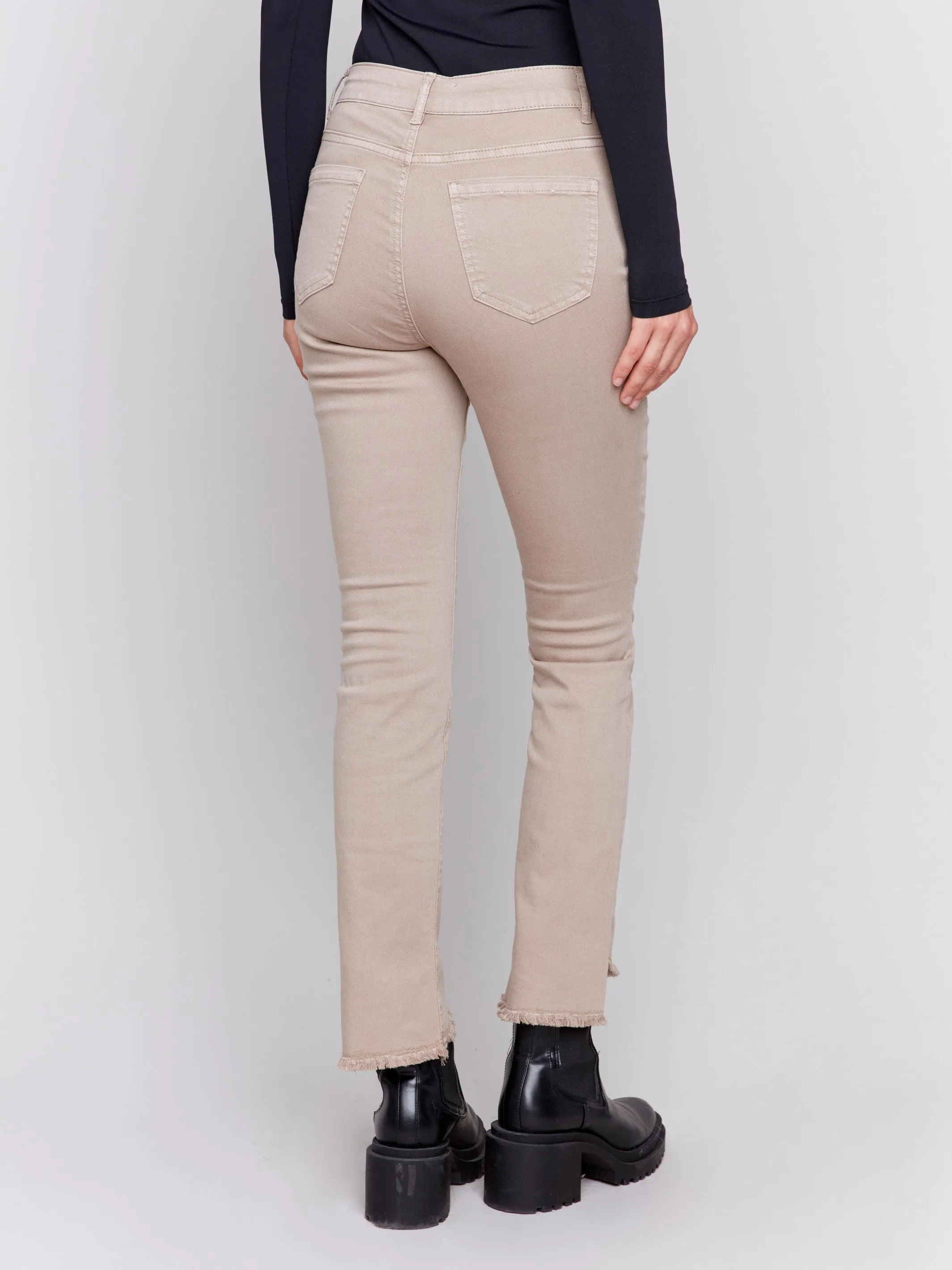 Bootcut Twill Pants with Asymmetrical Hem - Almond