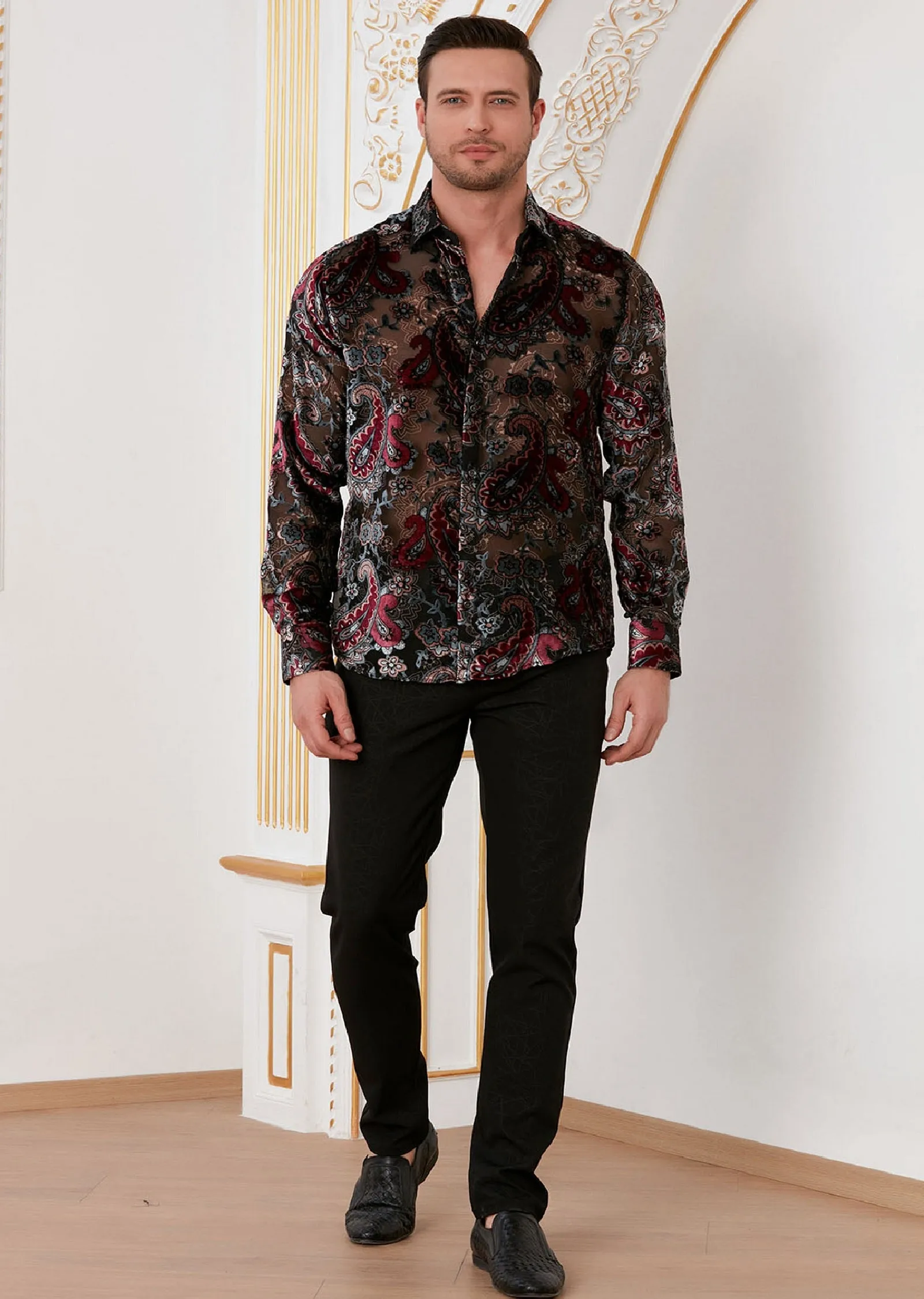 Burgundy Gray Paisley Velvet Shirt