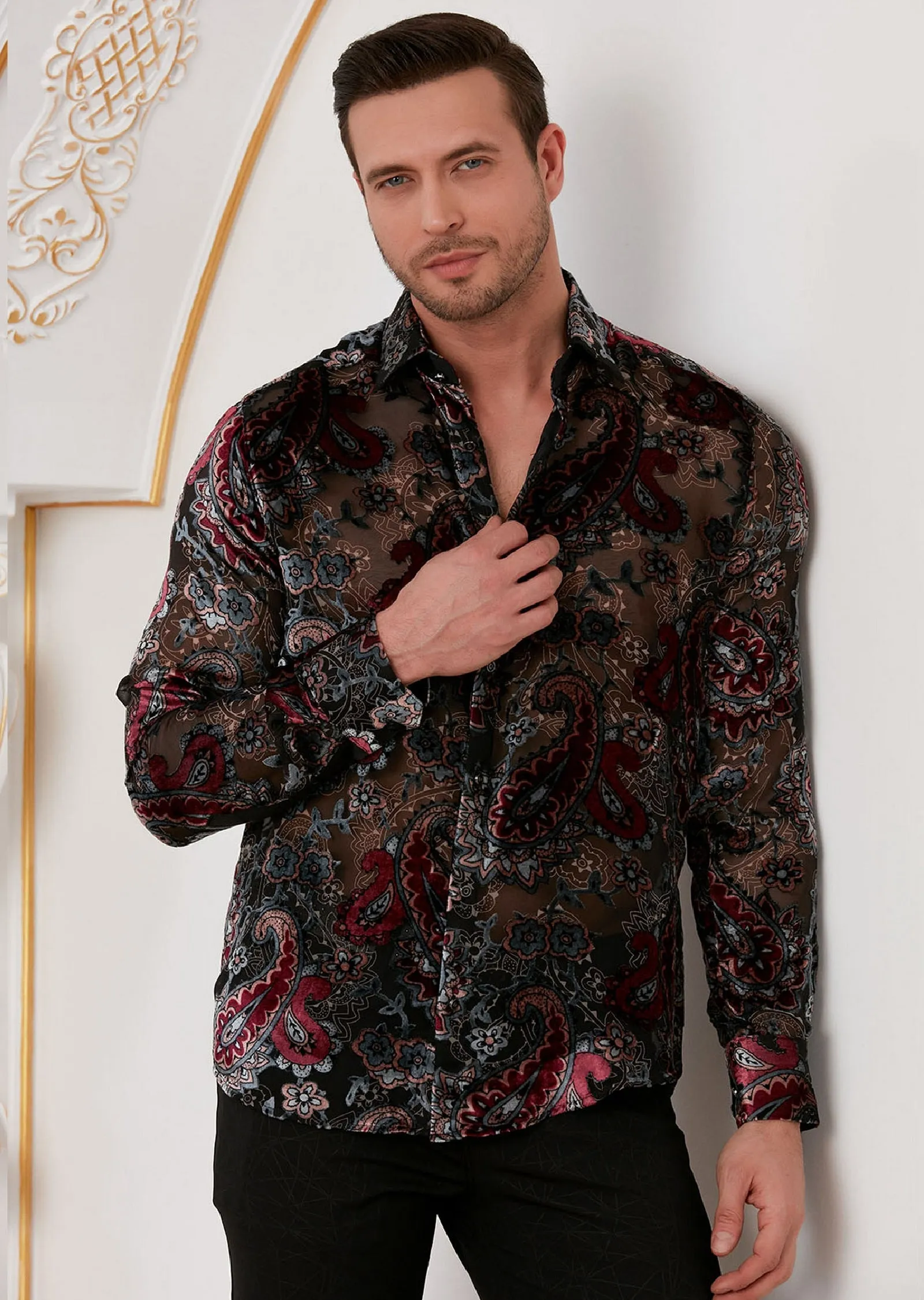 Burgundy Gray Paisley Velvet Shirt