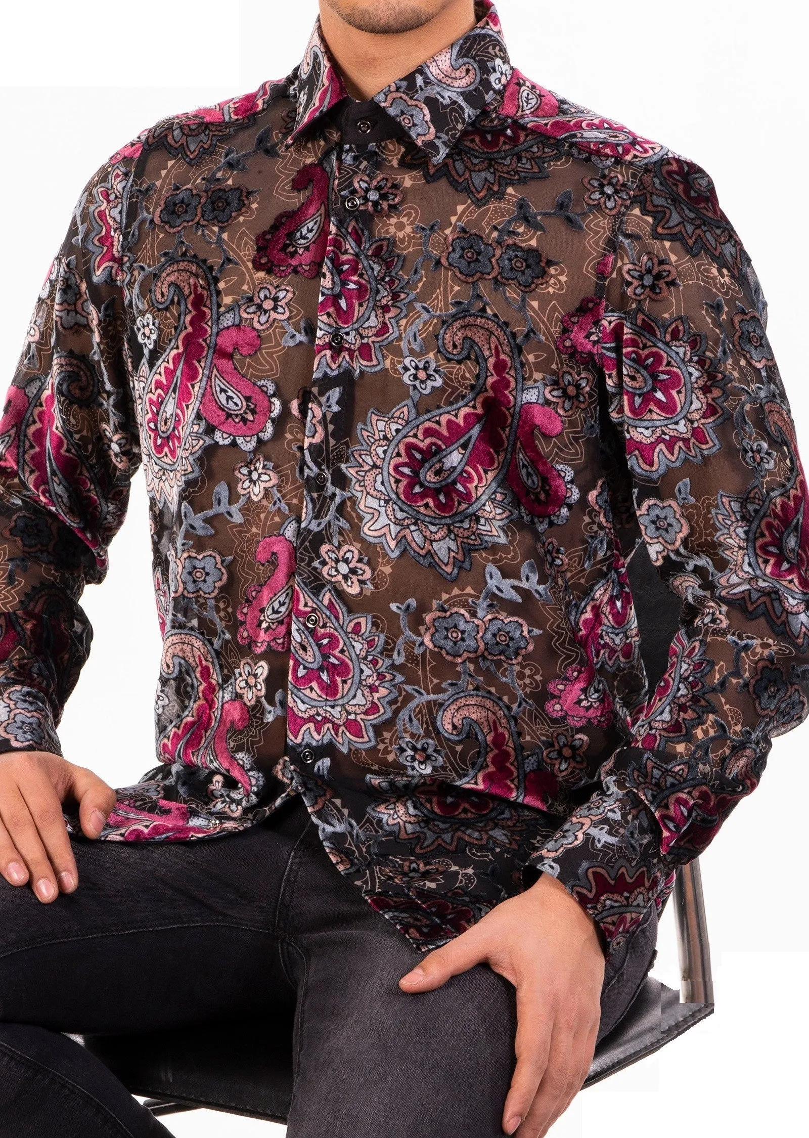 Burgundy Gray Paisley Velvet Shirt