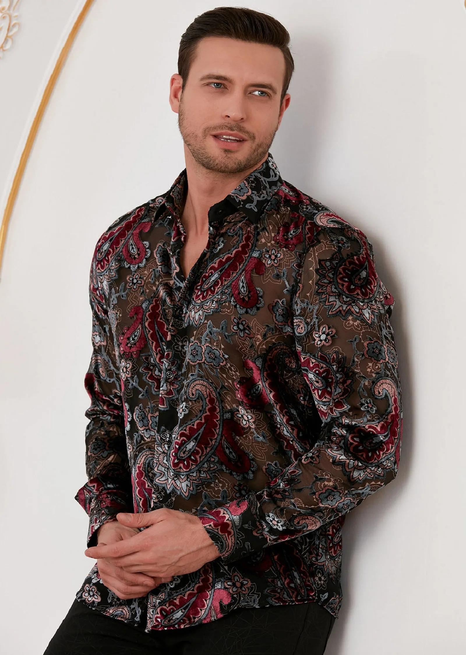 Burgundy Gray Paisley Velvet Shirt