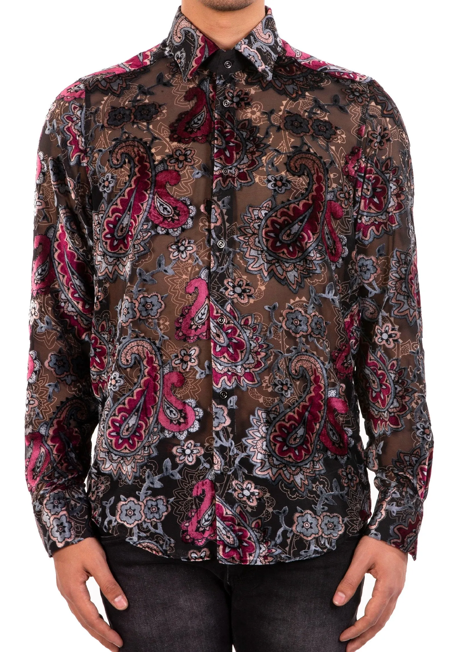 Burgundy Gray Paisley Velvet Shirt