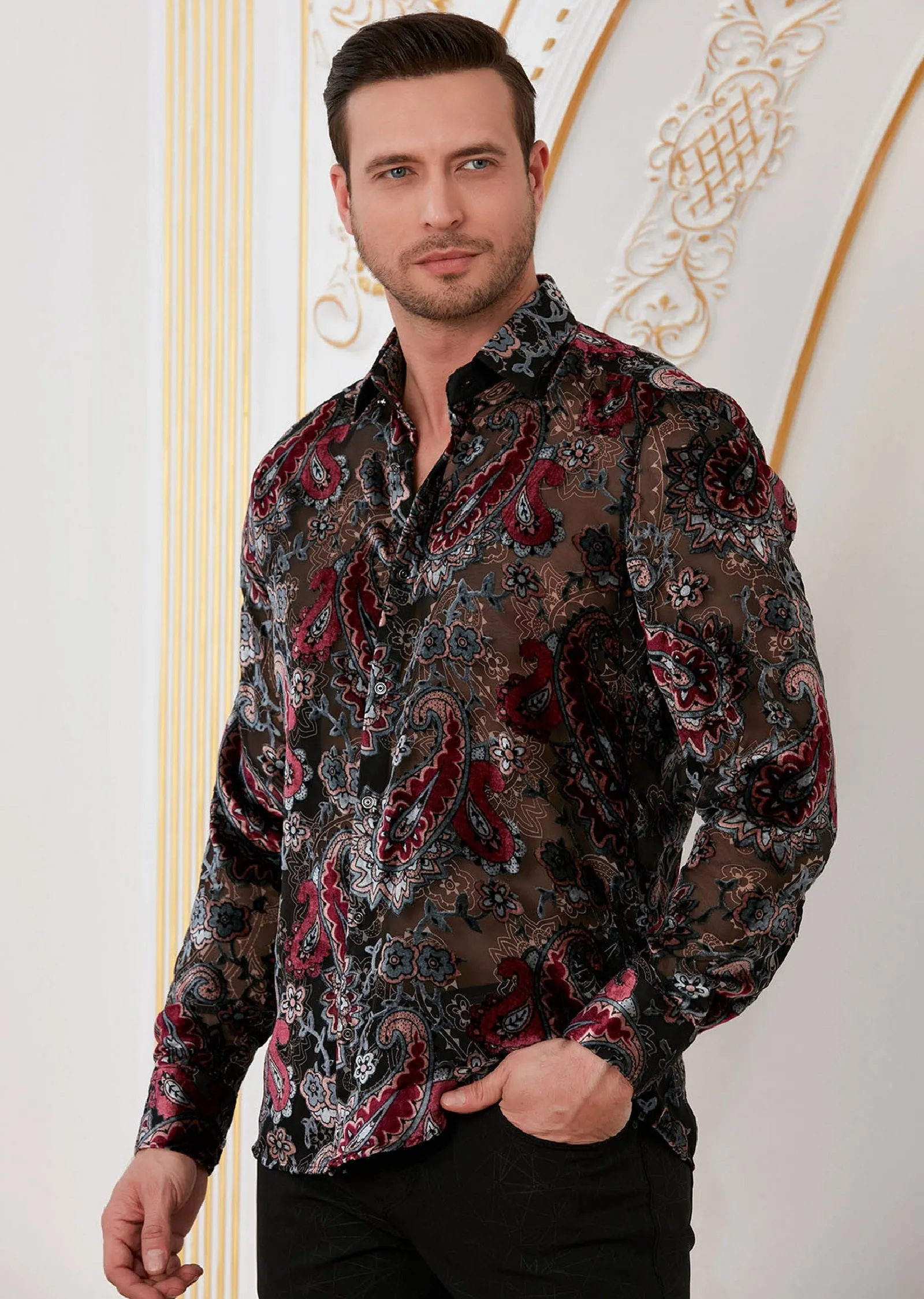 Burgundy Gray Paisley Velvet Shirt