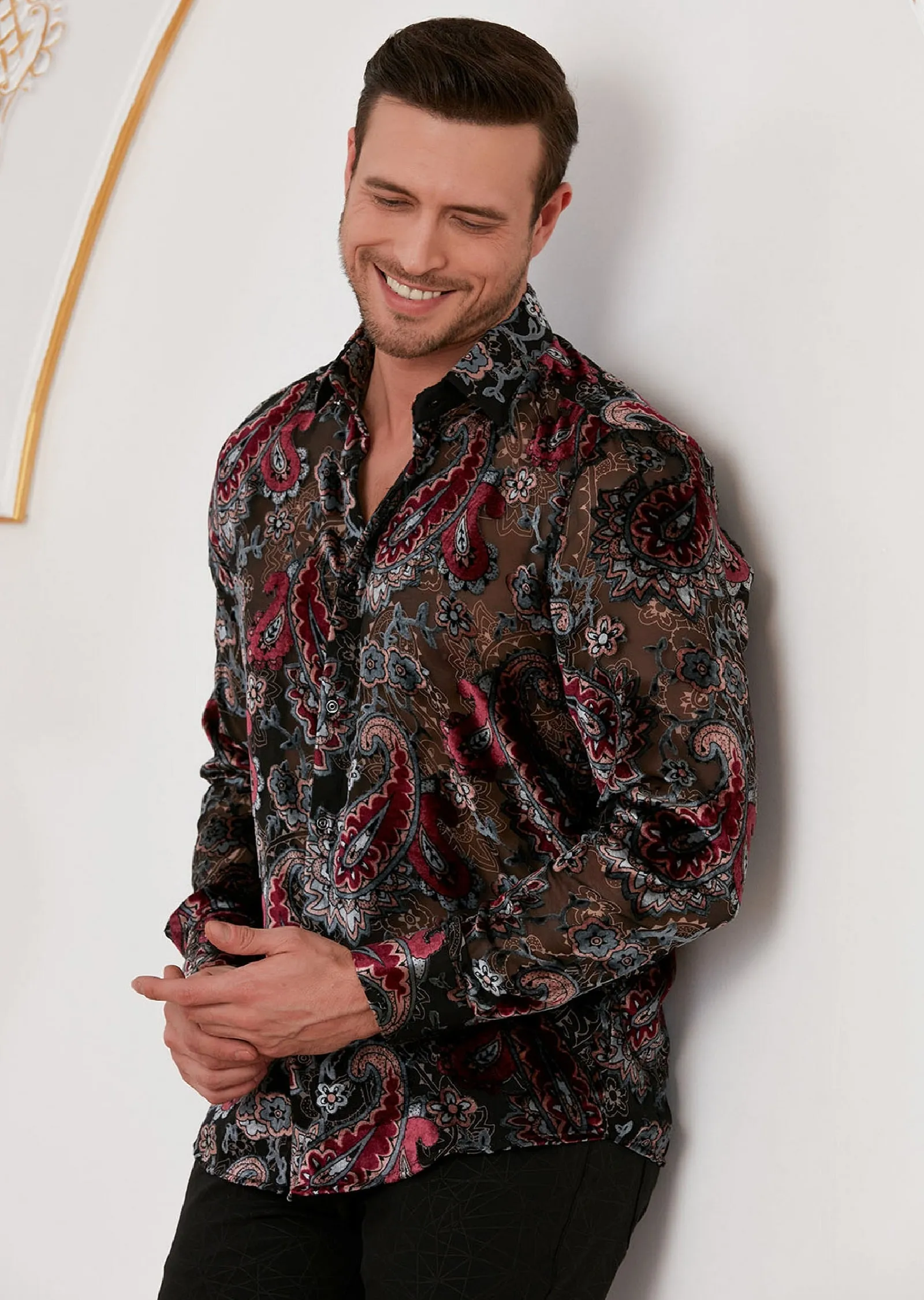 Burgundy Gray Paisley Velvet Shirt