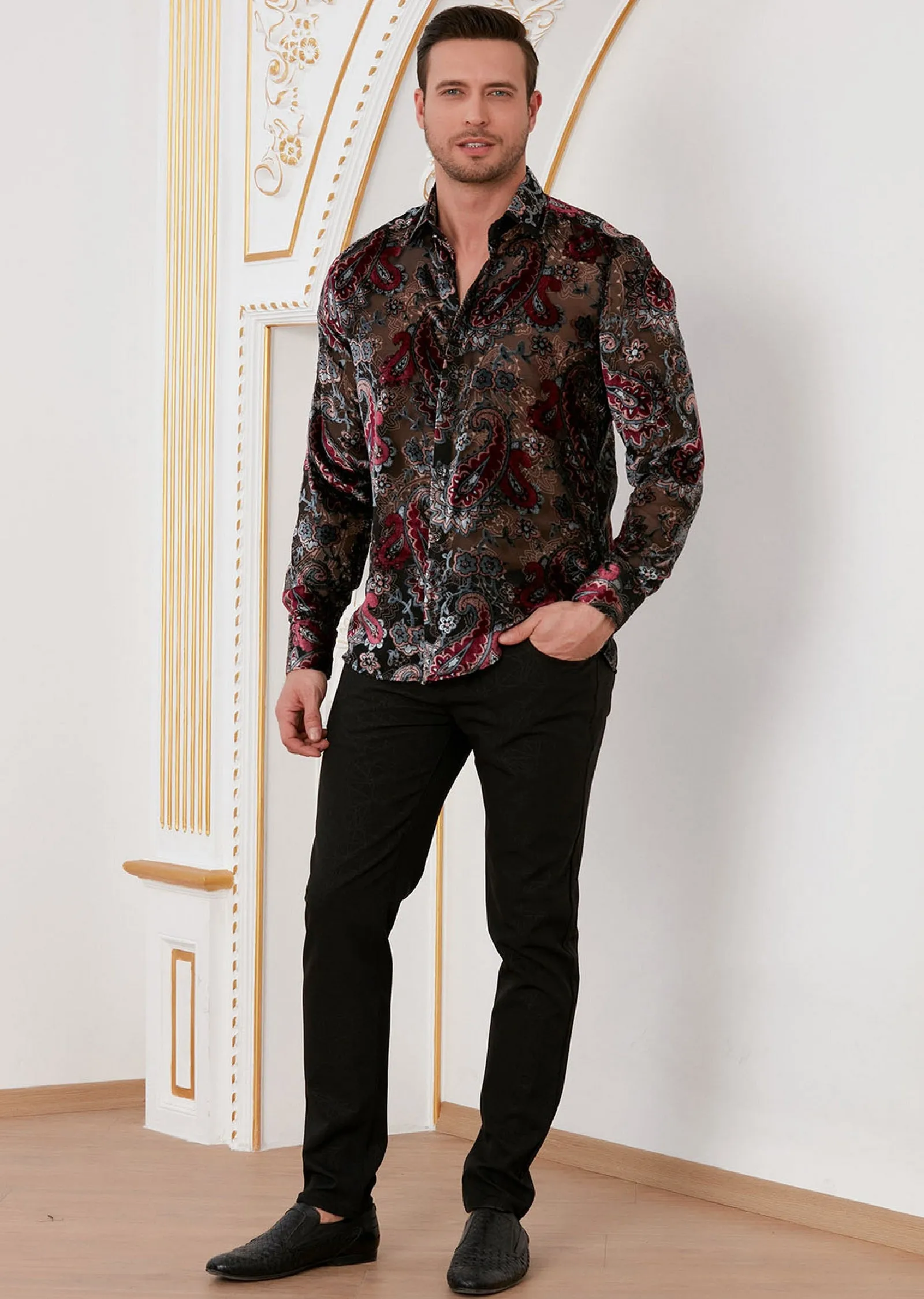 Burgundy Gray Paisley Velvet Shirt