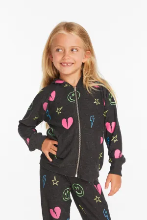 Chaser Neon Heart & Smiles Girls Zip-up Hoodie