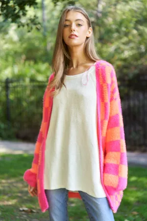 CHECKERBOARD LONG SLEEVE LOOSE FIT KNIT CARDIGAN