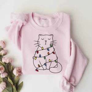 Cozy Cat Wrapped in Christmas Lights Sweatshirt – Pastel Pink Holiday Edition