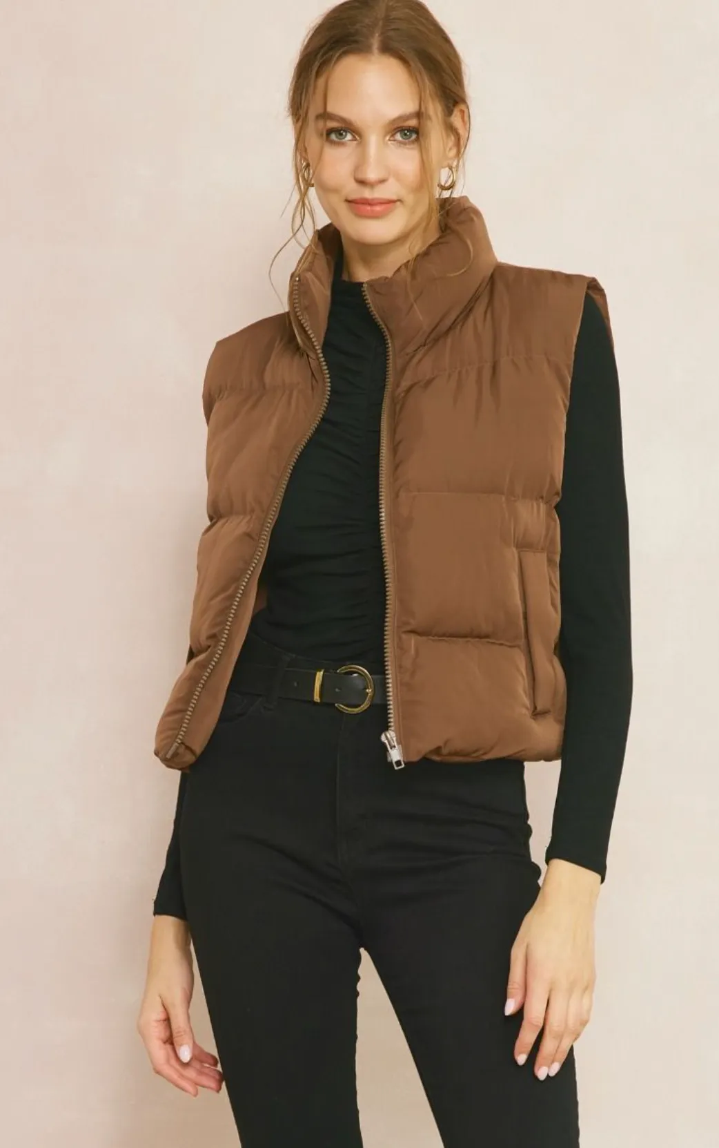 Cropped Puffer Vest - Chocolate