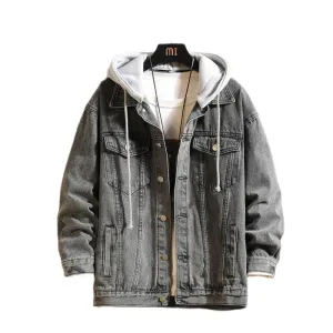 Denim Jacket Men Hooded Casual Jean Jackets Streetwear Solid Collar Coats