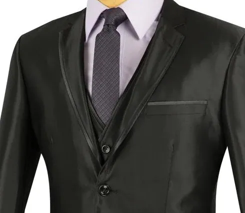 Designed Shiny Sharkskin Suit Ultra Slim Fit 3 Piece in Black