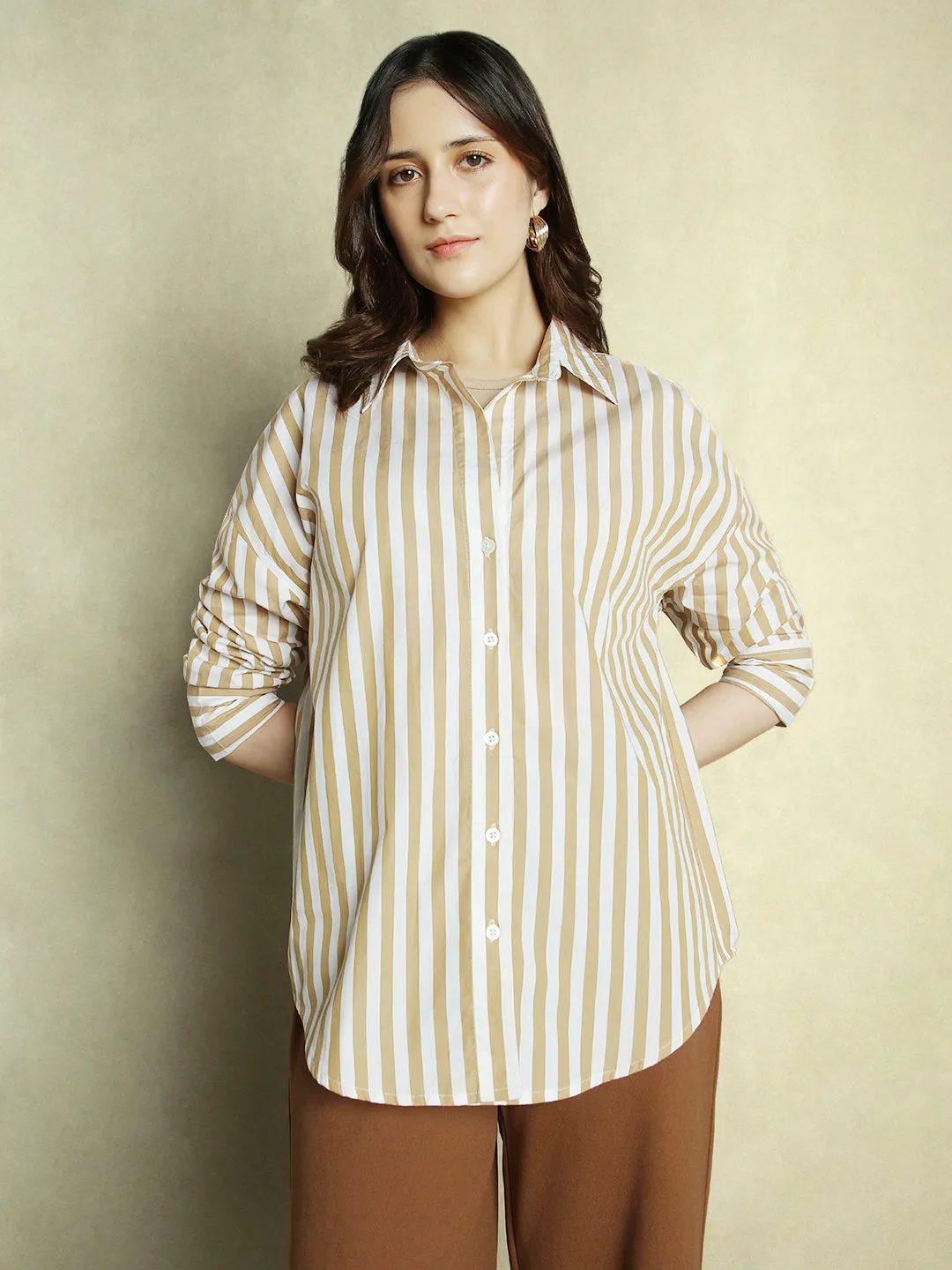 DL Woman Khaki Striped Full Sleeves Collared Oversized Shirt