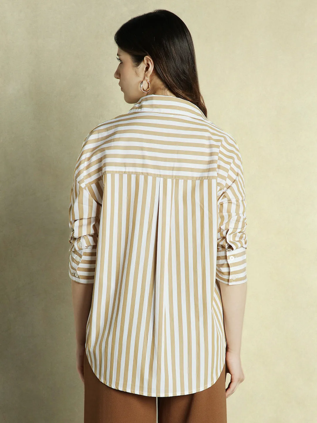 DL Woman Khaki Striped Full Sleeves Collared Oversized Shirt