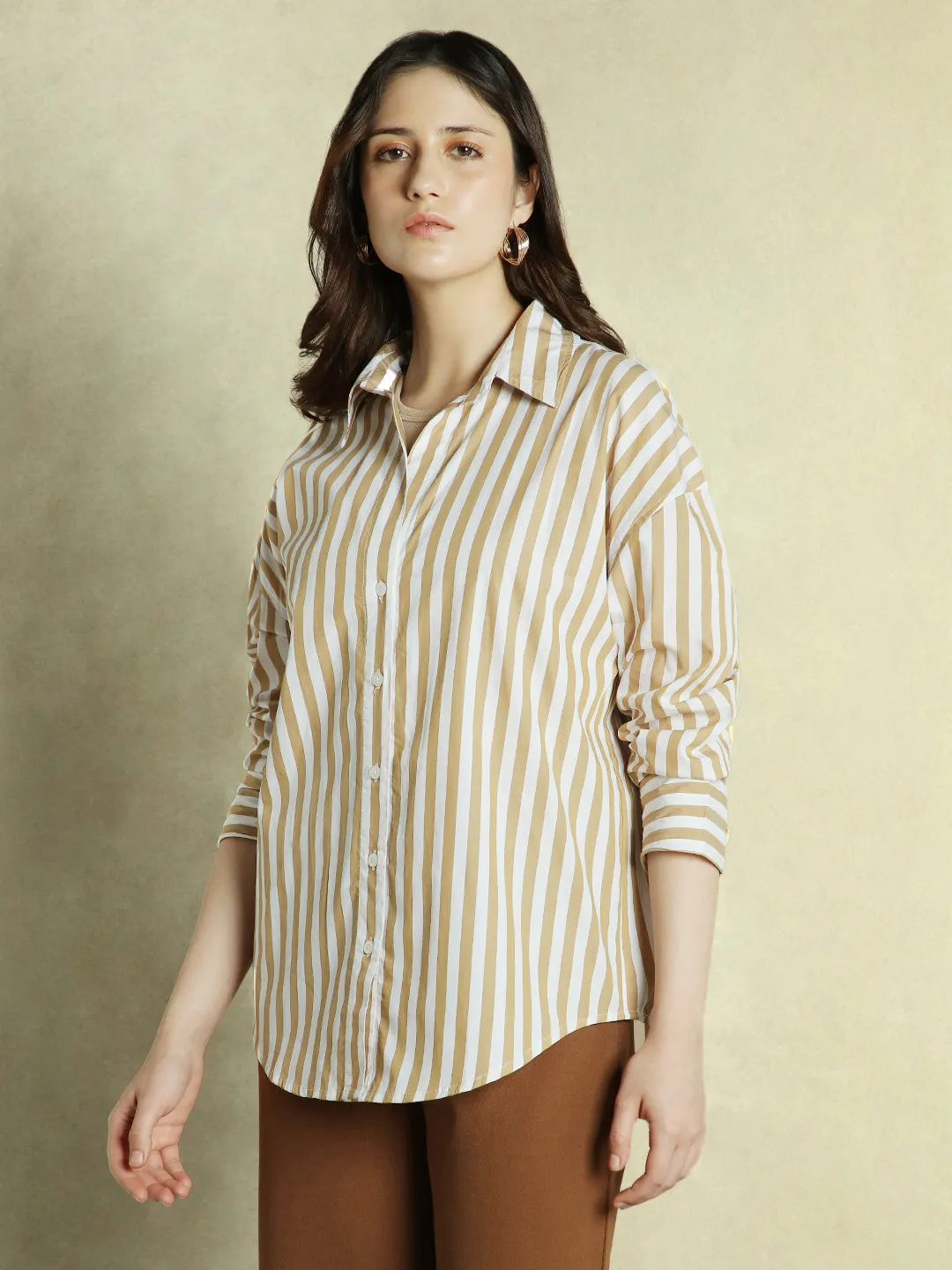 DL Woman Khaki Striped Full Sleeves Collared Oversized Shirt