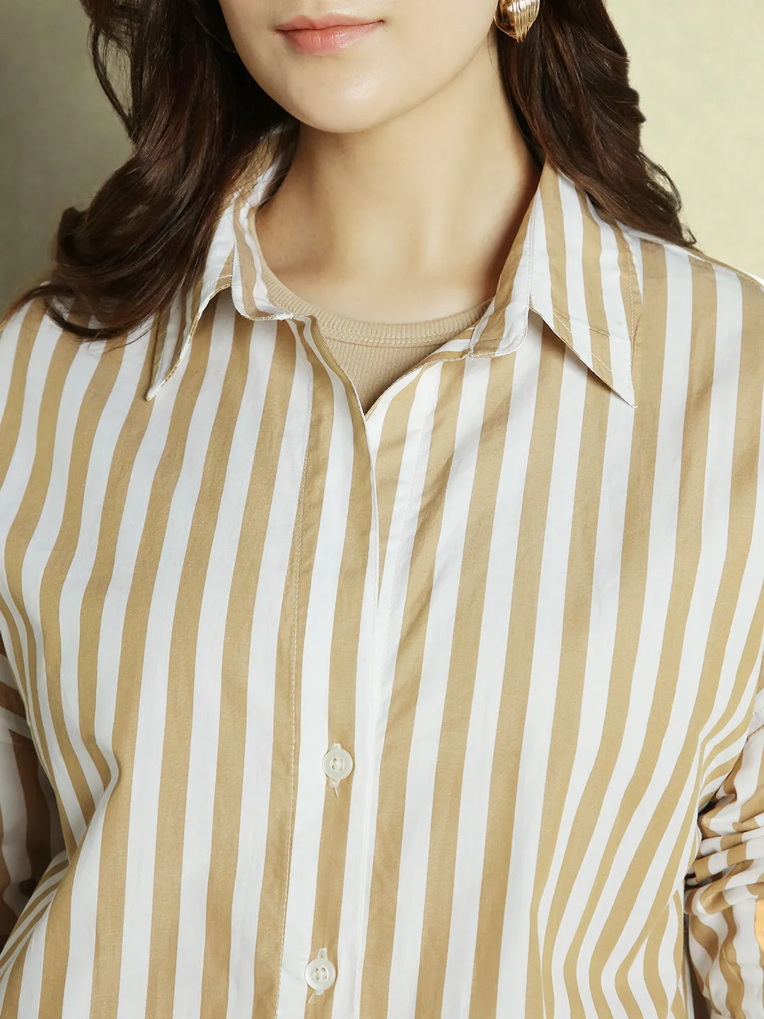 DL Woman Khaki Striped Full Sleeves Collared Oversized Shirt