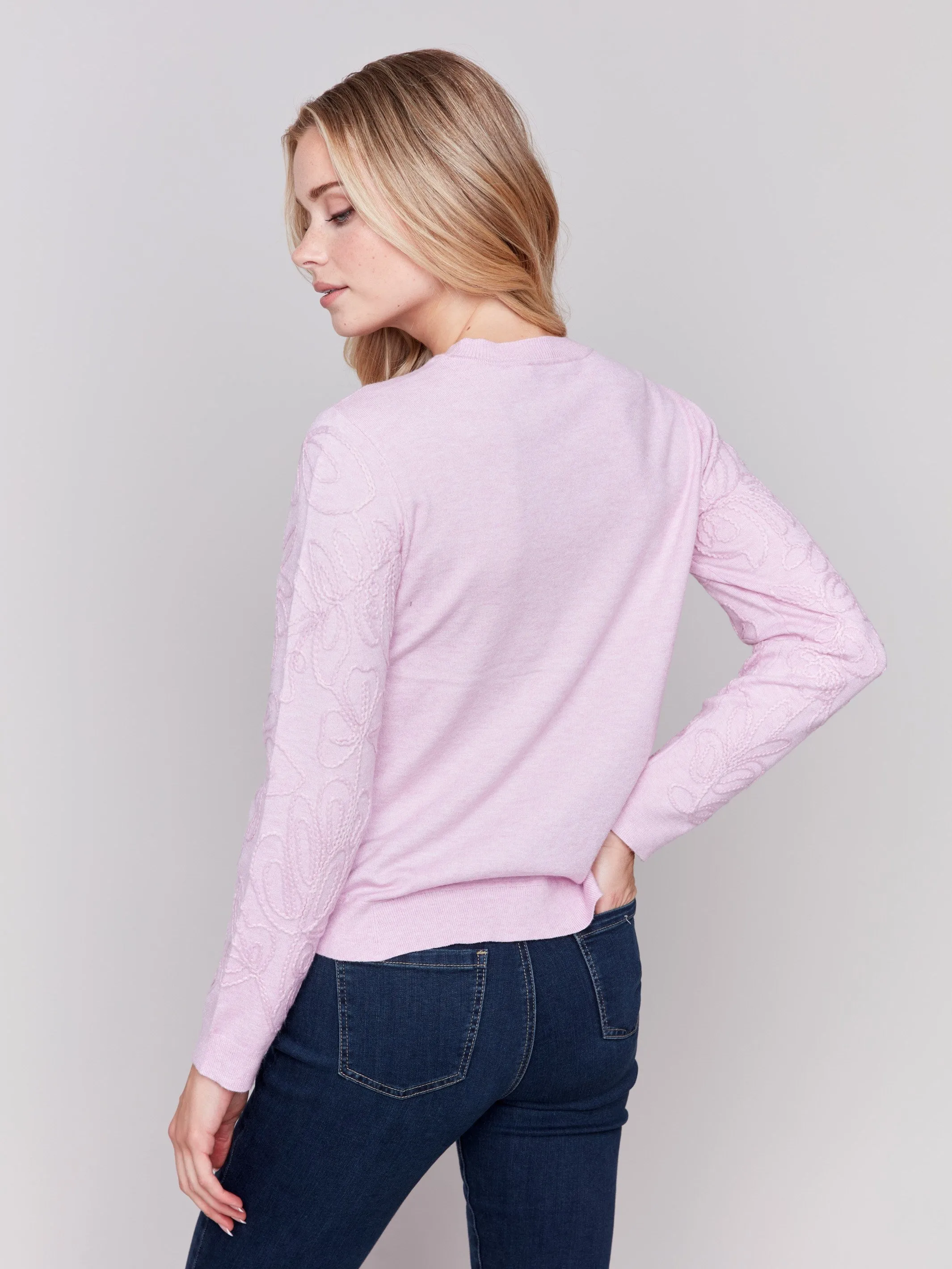 Embroidered Round Hem Sweater - Bubble Gum