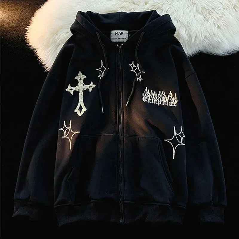 Gothic Hip Hop Stylish Embroidery Zip-Up Hoodie