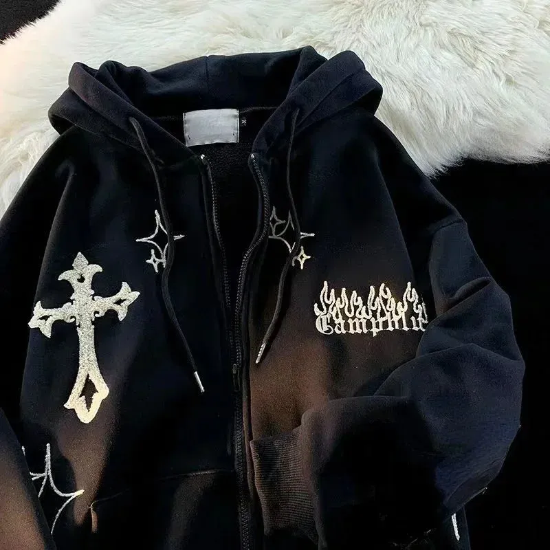 Gothic Hip Hop Stylish Embroidery Zip-Up Hoodie