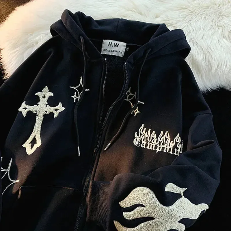 Gothic Hip Hop Stylish Embroidery Zip-Up Hoodie