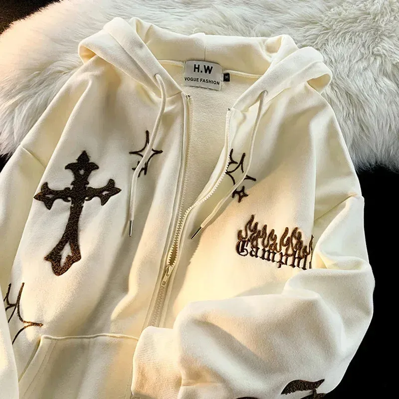 Gothic Hip Hop Stylish Embroidery Zip-Up Hoodie