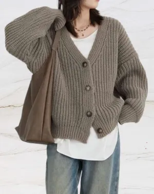 Heart - Women's Oversized V-Neck Knitted Winter Sweater with Button Closure