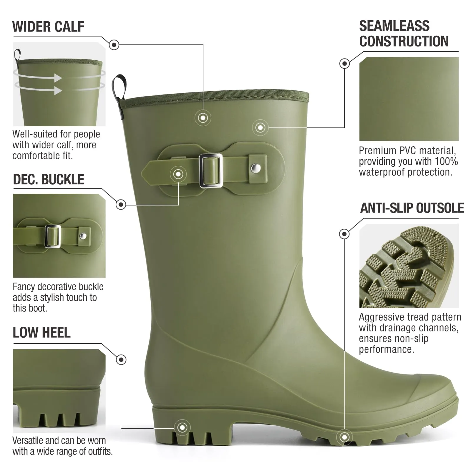 HISEA Mid-calf Rubber Rain Boots for Women Waterproof Wellington Boots for Outdoor