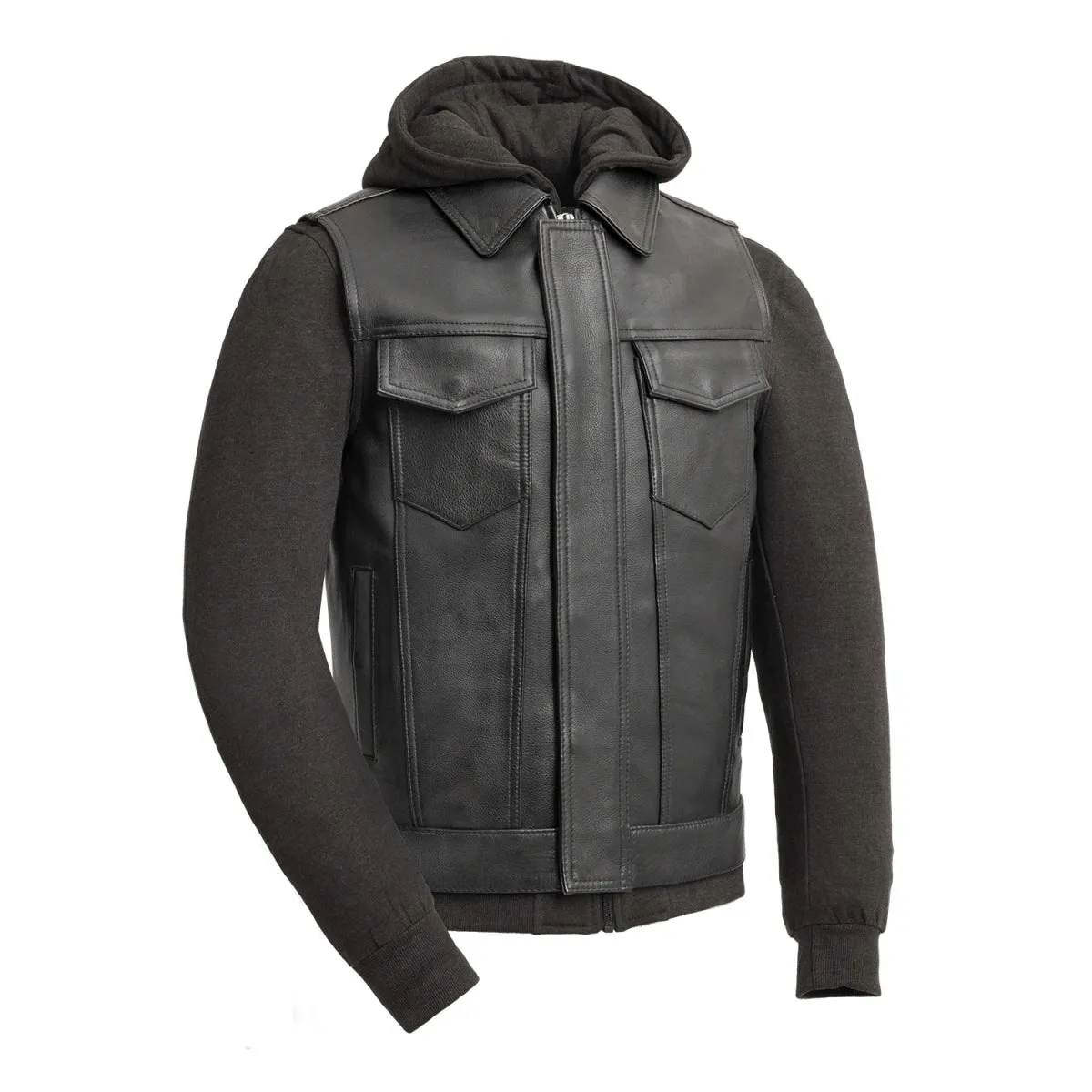 Kent Men's Motorcycle Leather Vest and Hoodie