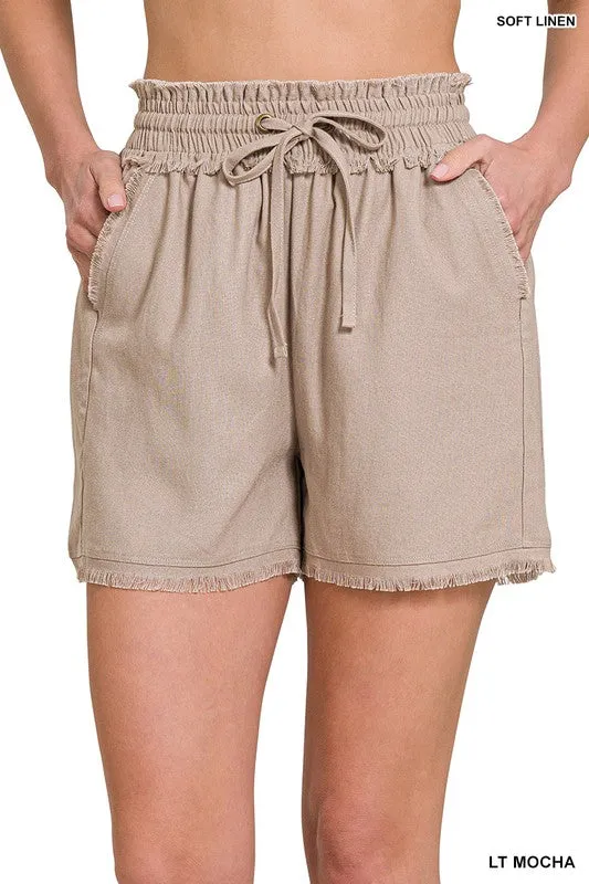 LINEN FRAYED HEM DRAWSTRING SHORTS WITH POCKETS