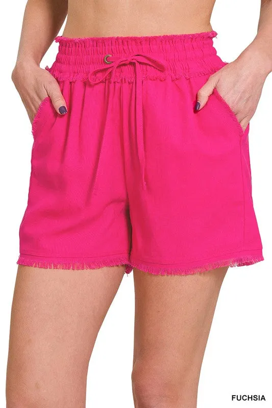 LINEN FRAYED HEM DRAWSTRING SHORTS WITH POCKETS