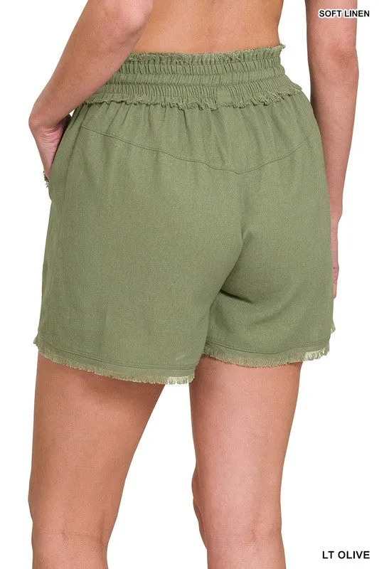 LINEN FRAYED HEM DRAWSTRING SHORTS WITH POCKETS