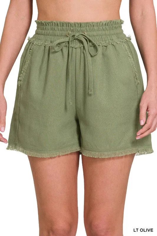 LINEN FRAYED HEM DRAWSTRING SHORTS WITH POCKETS