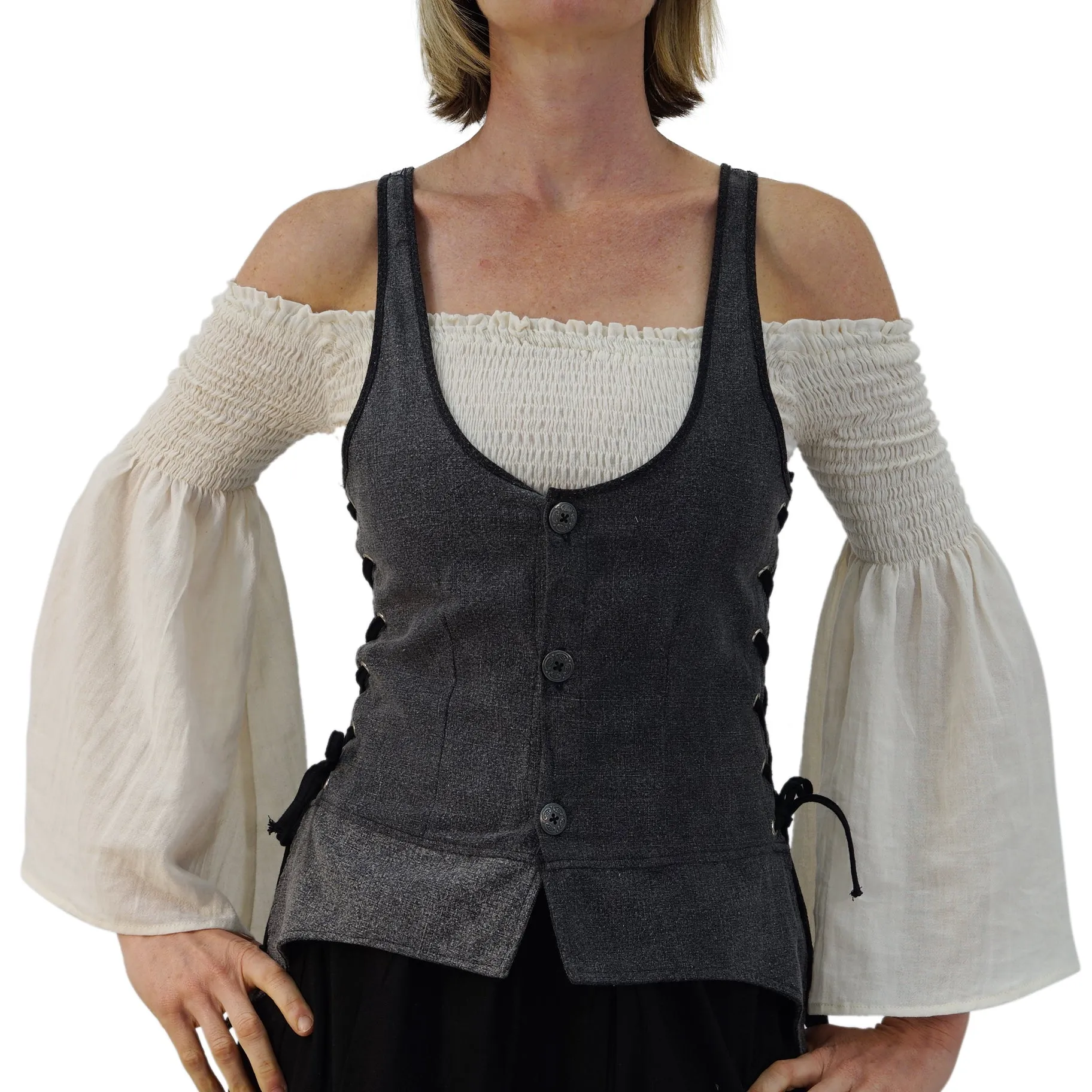 'Long Petal Vest' Viking Steampunk Medieval Bodice - Stone Gray