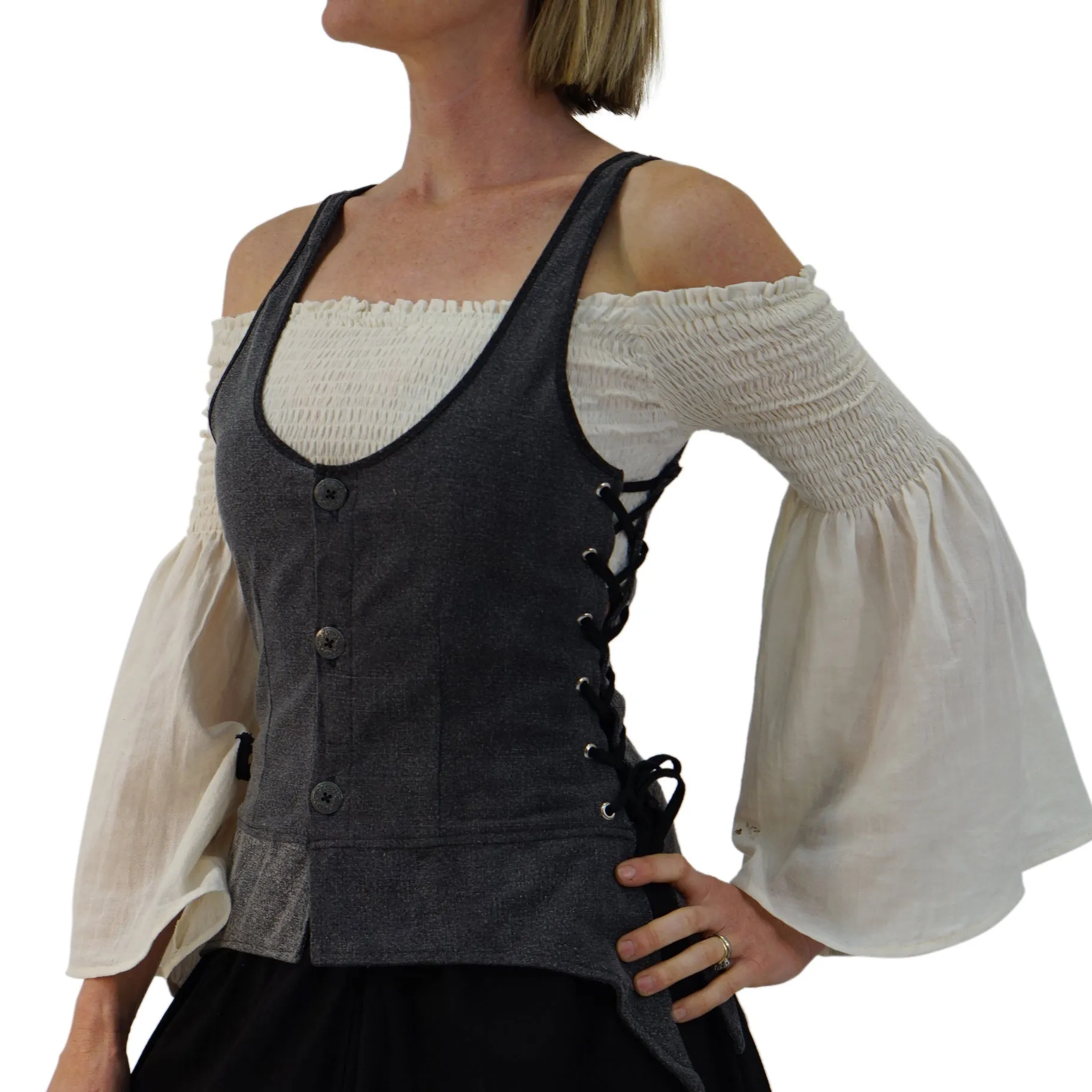 'Long Petal Vest' Viking Steampunk Medieval Bodice - Stone Gray