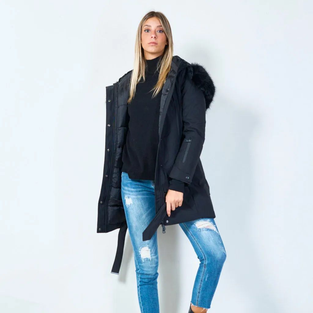 Luxe faux fur-trimmed parka with zipper details wholesale