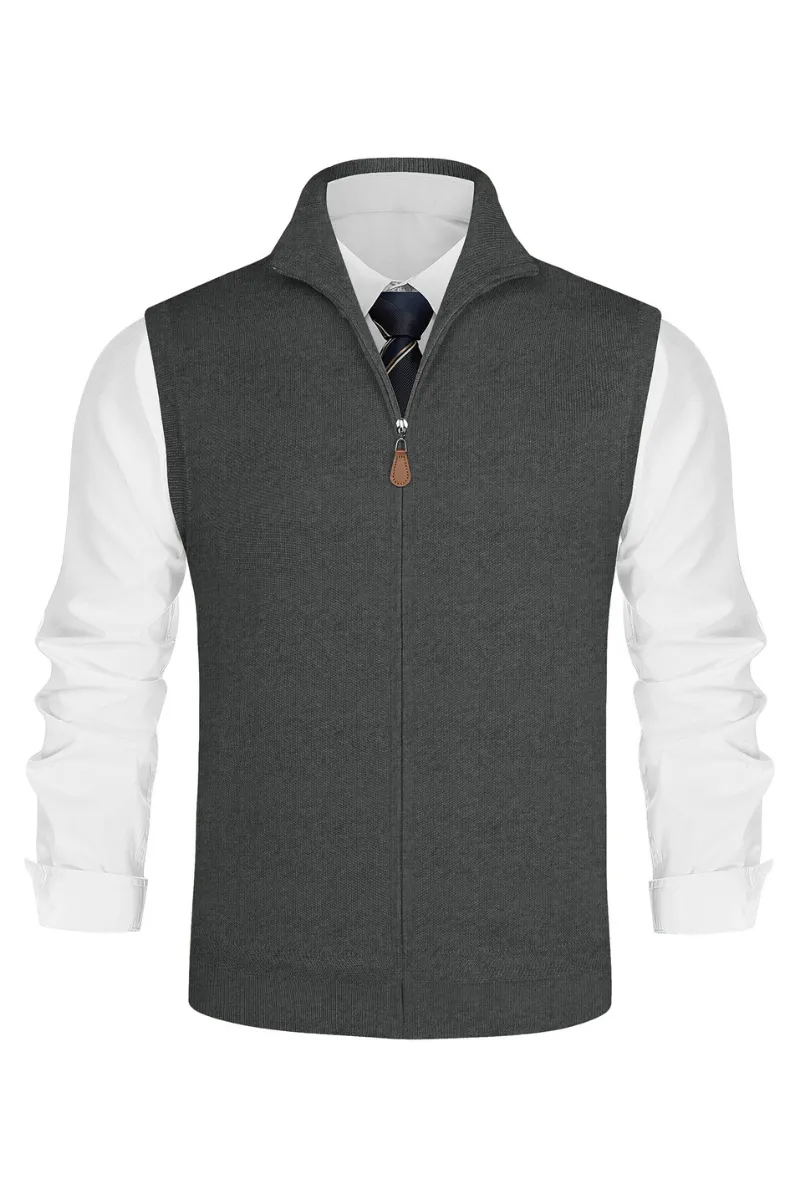 Men Stand Collar Sweater Vest Zip-up Ribbed Cuff Sleeveless Sweater