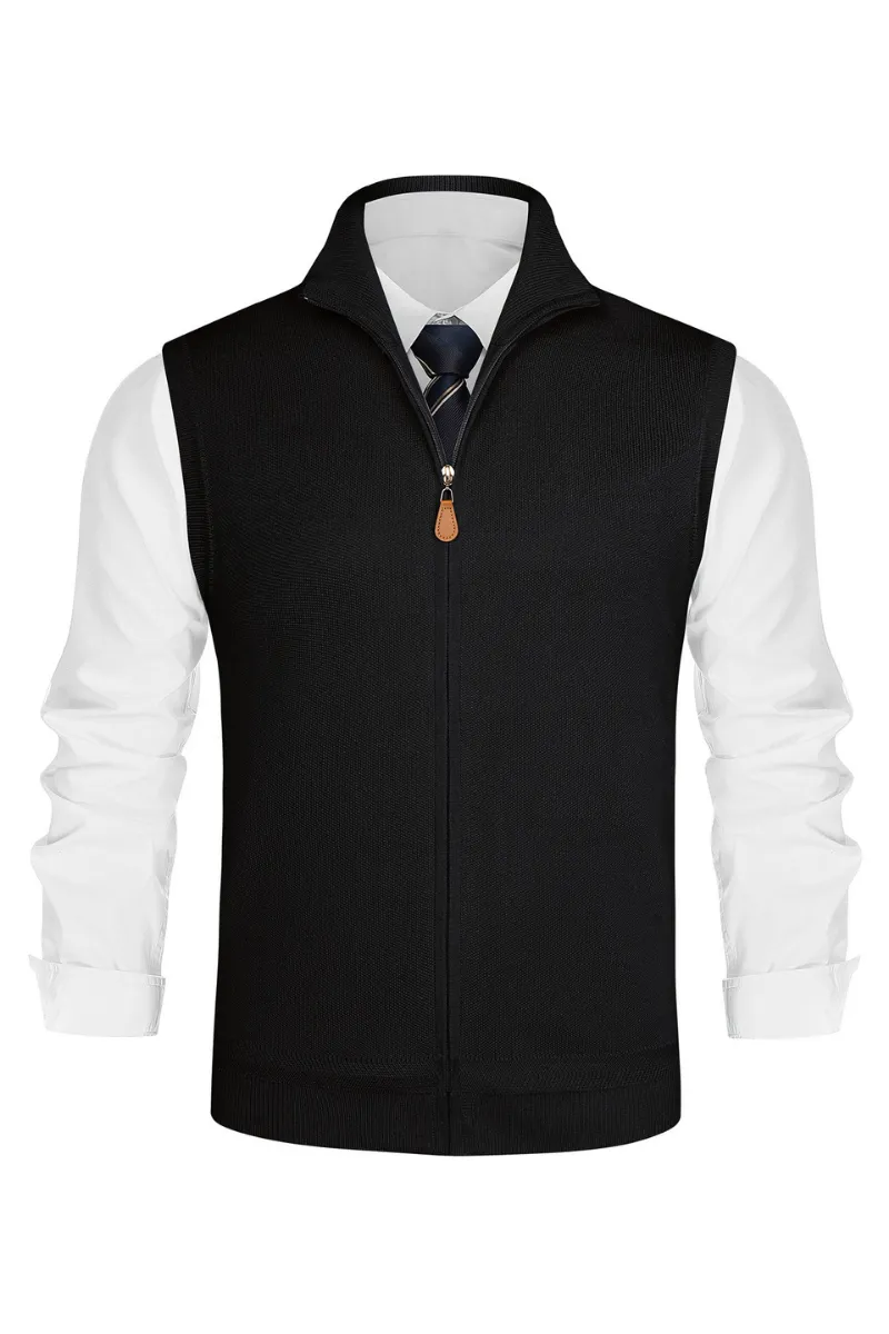 Men Stand Collar Sweater Vest Zip-up Ribbed Cuff Sleeveless Sweater