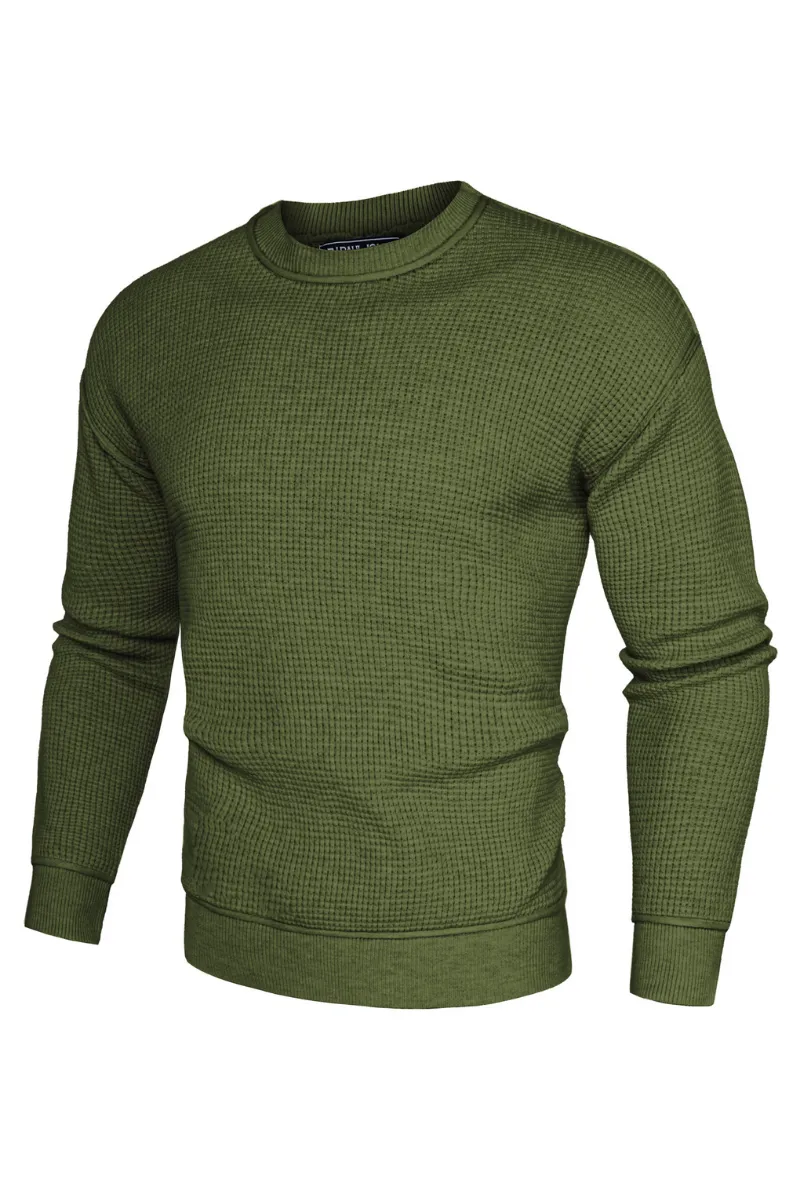 Men Waffle Textured Sweater Long Sleeve Crew Neck Dropped Shoulder Pullover