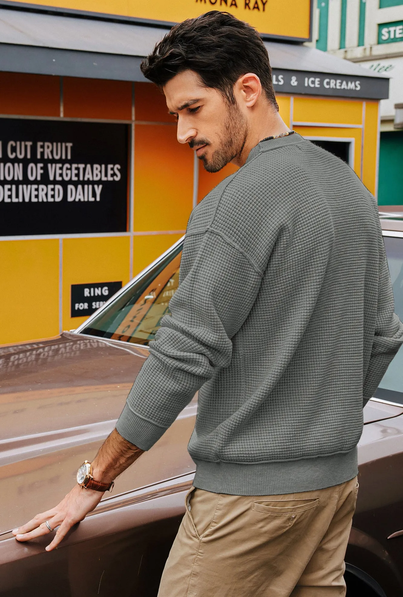 Men Waffle Textured Sweater Long Sleeve Crew Neck Dropped Shoulder Pullover