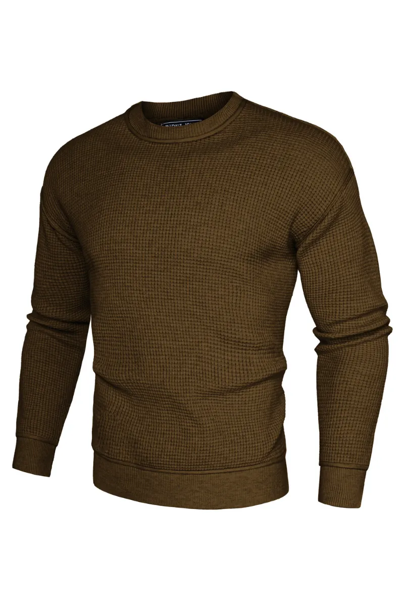 Men Waffle Textured Sweater Long Sleeve Crew Neck Dropped Shoulder Pullover