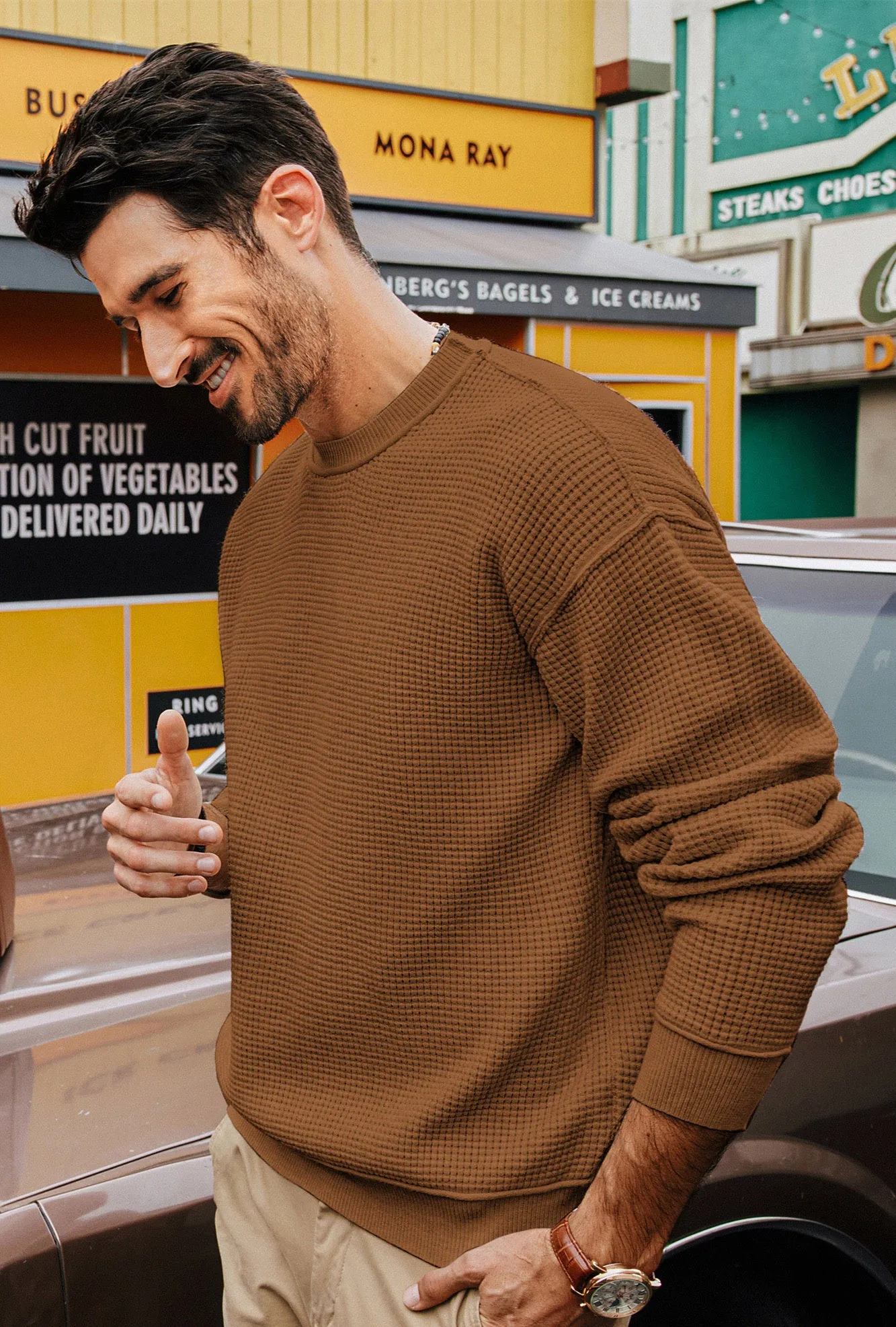 Men Waffle Textured Sweater Long Sleeve Crew Neck Dropped Shoulder Pullover