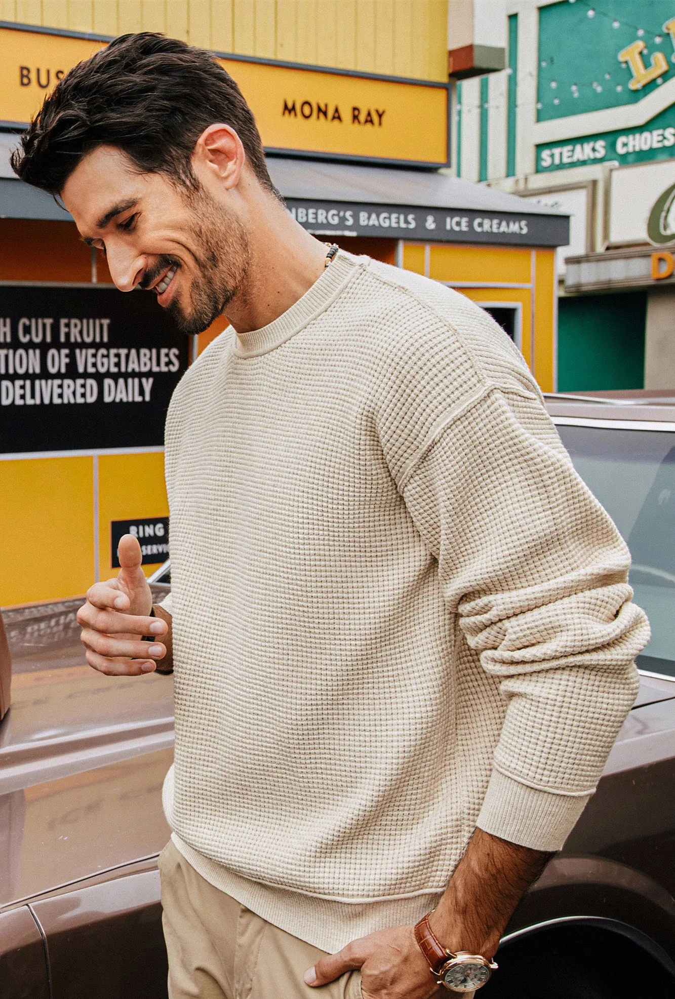 Men Waffle Textured Sweater Long Sleeve Crew Neck Dropped Shoulder Pullover