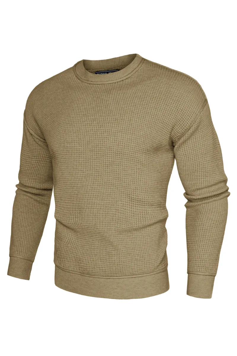 Men Waffle Textured Sweater Long Sleeve Crew Neck Dropped Shoulder Pullover