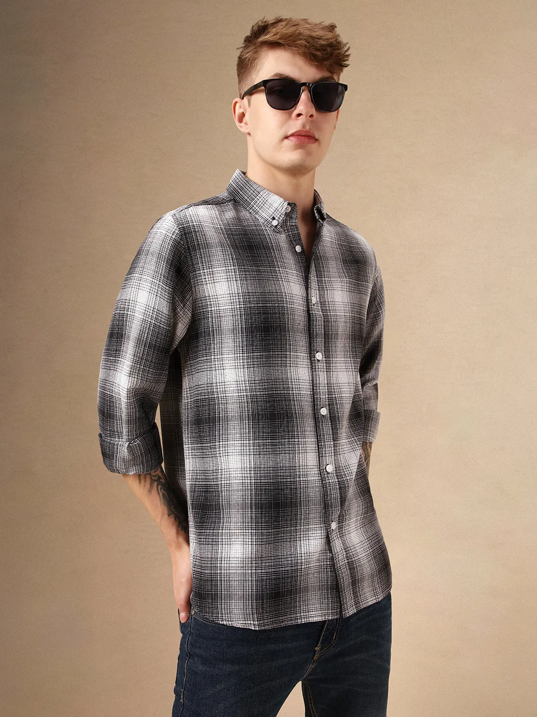 Men's Black Checks Button Down Collar Full Sleeves 100% Cotton Casual Shirt