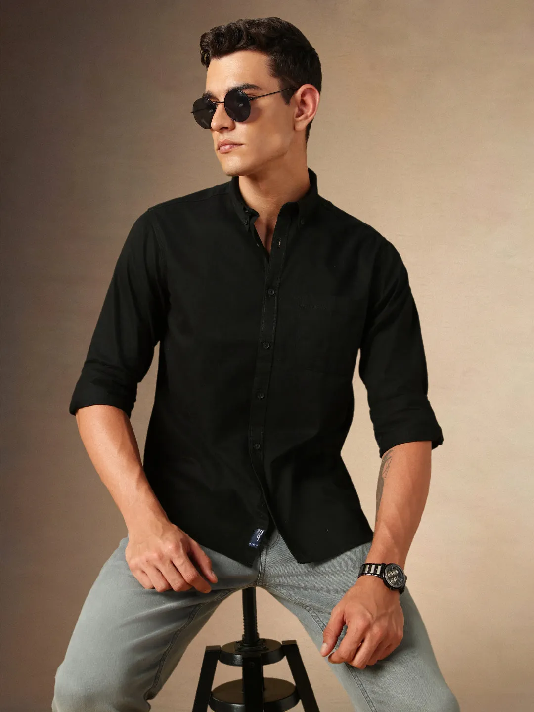 Men's Black Solid Spread Collar Full Sleeves Casual Shirt